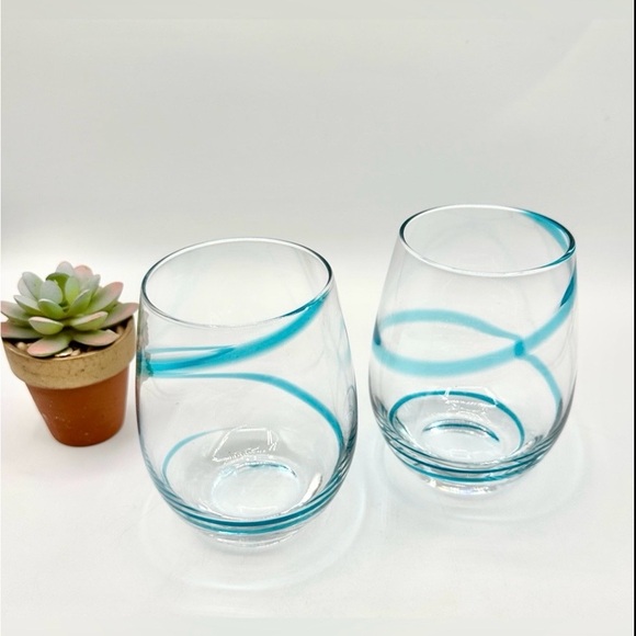 2 -Pier 1 Swirline Turquoise or Teal Stemless Wine Glasses COPY - Picture 2 of 9
